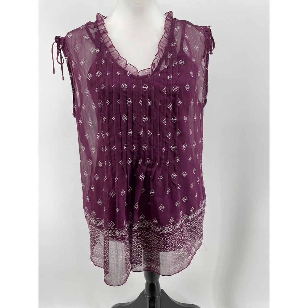 Sleeveless Ruffle Top Womens Small Maroon Plum Sheer Overlay Romantic Boho Artsy